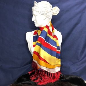 100% Silk abstract fine scarf with red fringe